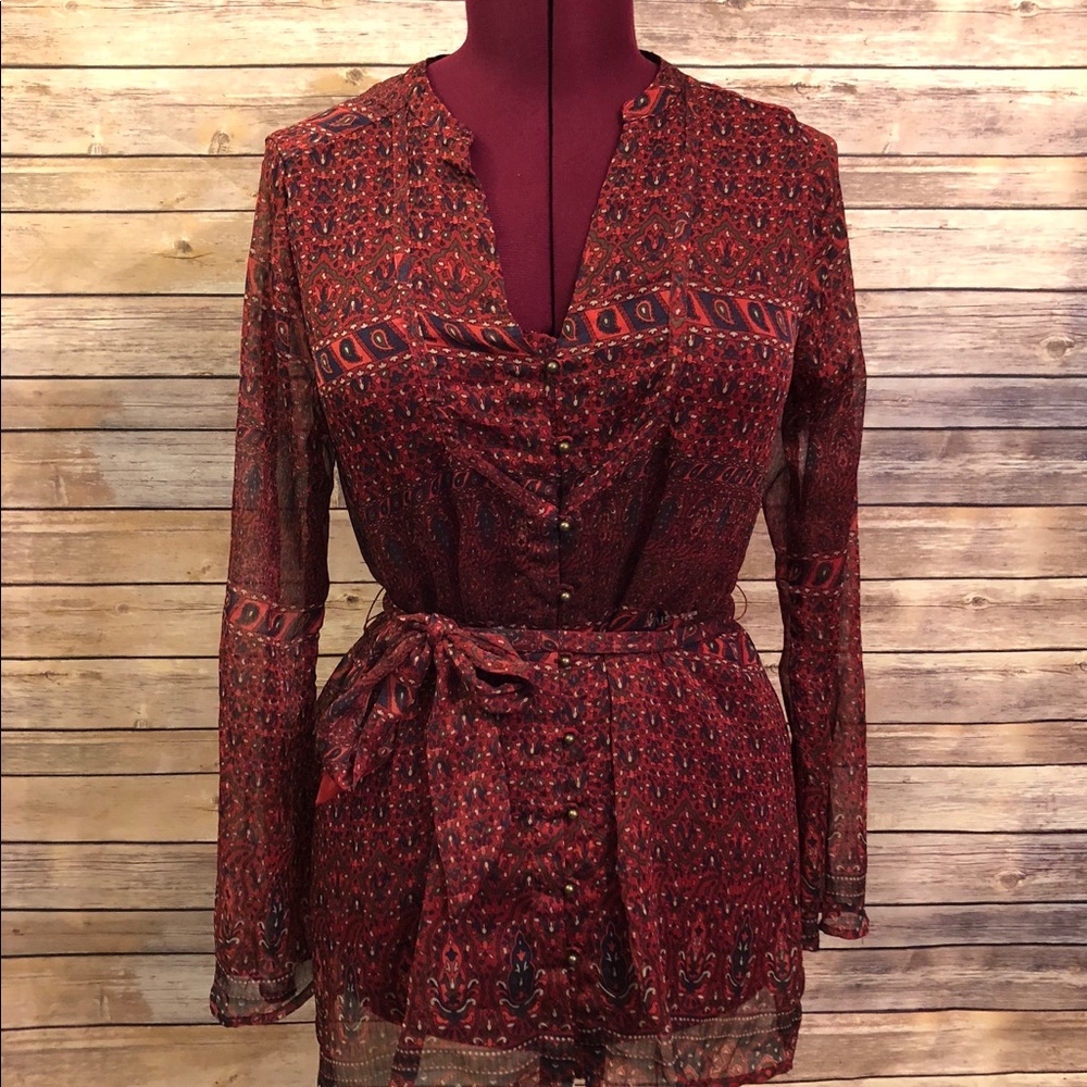 Converse Sheer Printed V Neck Button Down Blouse - Picture 1 of 4